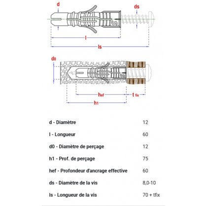 dimensions Cheville Nylon multifonction 12x60 mm SMART 