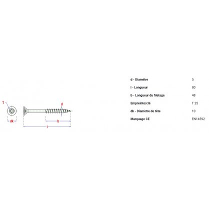 Vis A2 Inox  5x80 mm - TX25 - Tte fraise
