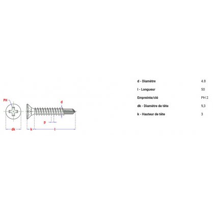 Vis autoforante DIN 7504P 4,8x50 mm dimensions