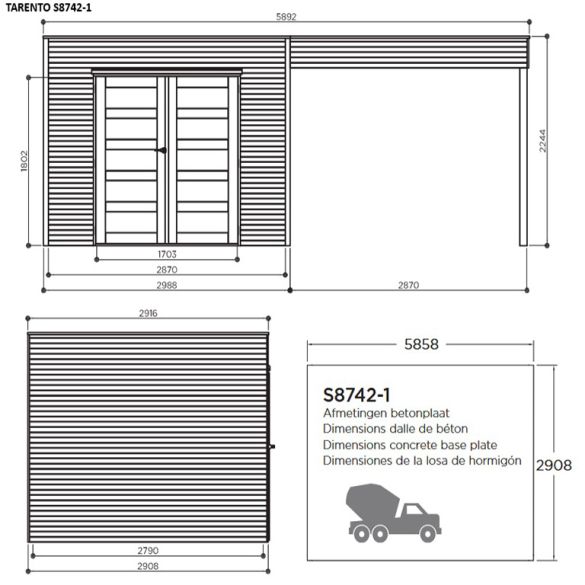 Abri jardin bois traité 8,69 m² TARENTO 291 x 287 cm + Pergola 299 cm – S8742-1