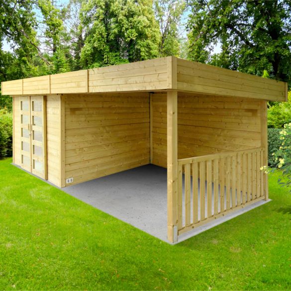 Abri bois 28 mm avec pergola ARHUS 8,17m² - 333 + 322x245 cm - S8387