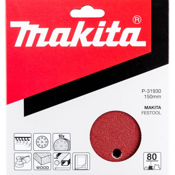 10 disques abrasifs Ø150 mm grain 80 - 8 + 1 trous (bois/métal) | Makita P-31930