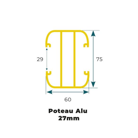 Poteau alu EvoluH27 L. 2,30 m - 75x60 mm - pour lame clôture et écran 27 mm
