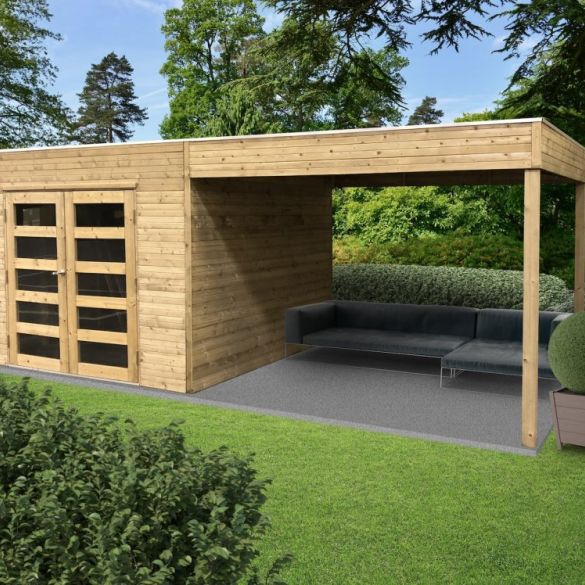 Abri jardin bois traité 8,69 m² TARENTO 291 x 287 cm + Pergola 299 cm – S8742-1