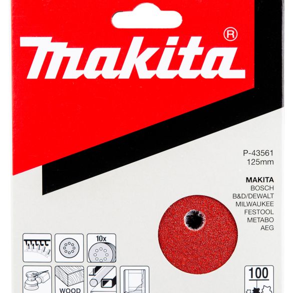 10 Disques abrasifs grain 100 - Ø 125 mm - 8 trous (bois/métal) | Makita P-43561