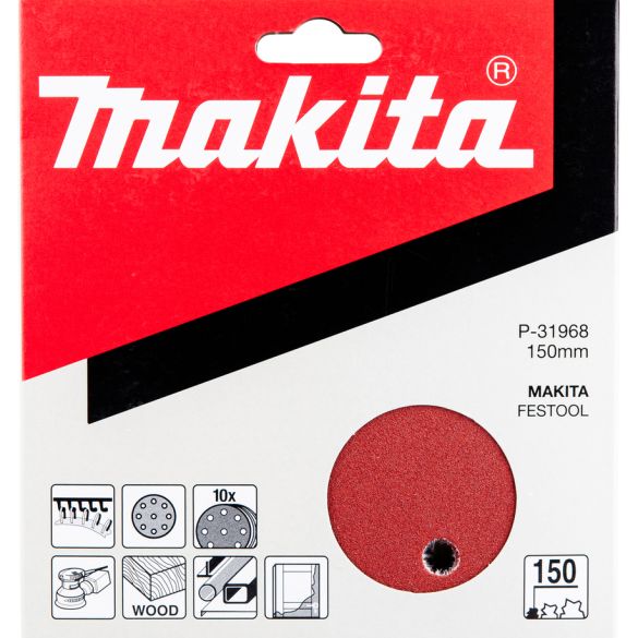 10 disques abrasifs Ø150 mm grain 150 - 8 + 1 trous (bois/métal) | Makita P-31968