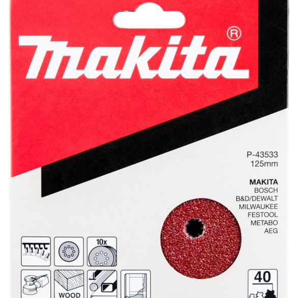 10 Disques abrasifs grain 40 - Ø 125 mm - 8 trous (bois/métal) | Makita P-43533