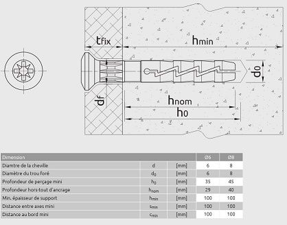100 Chevilles à frapper Ø8 x 60 mm - Clou-vis nylon tête fraisée - RAWL
