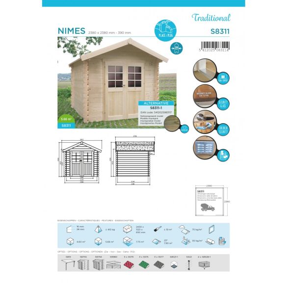 Abri de jardin traité NIMES 238 x 238 cm - 5,66 m²