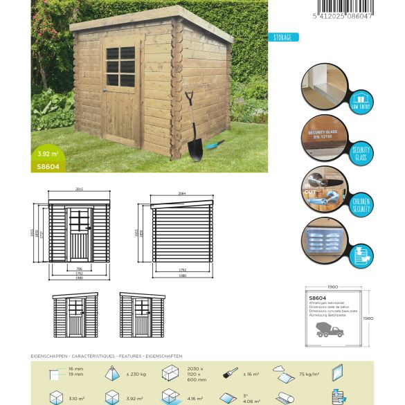 Abri jardin PASSAU 198 x 198 cm toit plat - 3,92 m² - S8604