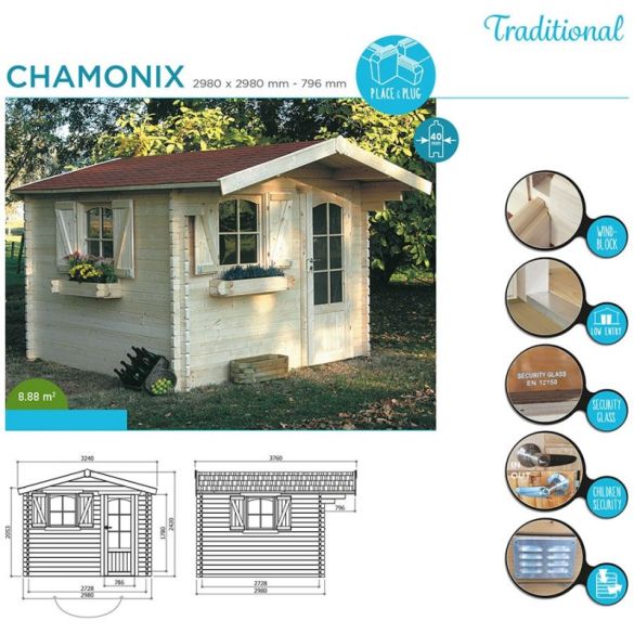 Abri bois 40 mm CHAMONIX 298 x 298 cm - 8,88 m²