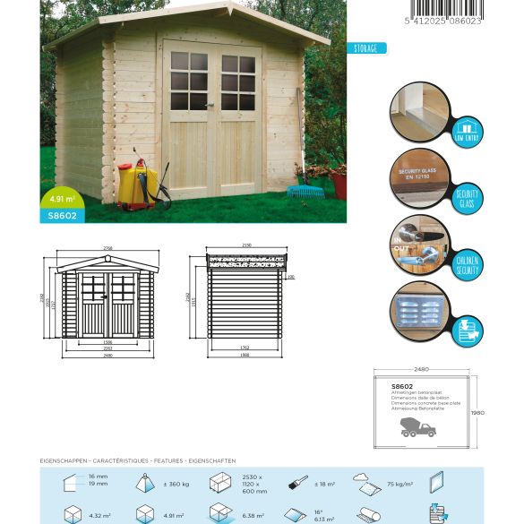 Abri de jardin bois 19 mm DRESDEN 248 x 198 cm - 4,91 m²