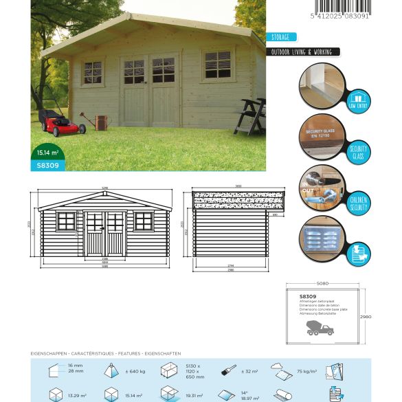 Abri de jardin 28 mm DOUAI 508 x 298 cm - 15,14 m² - S8309