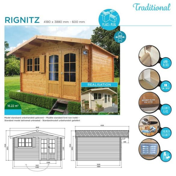 Abri jardin bois 40 mm TIGNES 16,22 m² - 418x388 - 68,6 cm