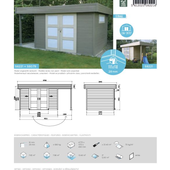 Abri jardin 28 mm LARVIK 7,96m² - 3296 + 1200 x 2416 cm