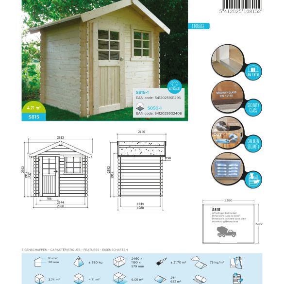 Abri de jardin en bois 28 mm LAVAL 238x198 cm - 4,71 m²