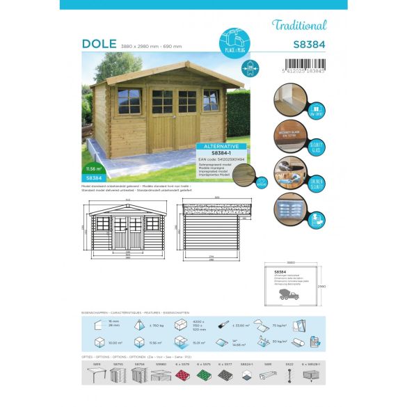 Abri bois traité 28mm DOLE 388 x 298 cm - 11,56 m²