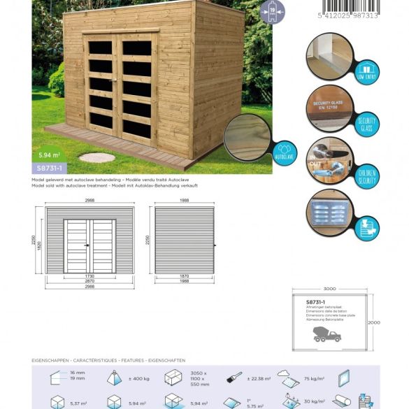 Abri jardin autoclave 5,94 m² CAPRI - toit plat