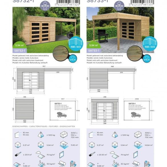 Abri de jardin traité SALERNO 2998 + 2939x1998 mm - toit plat