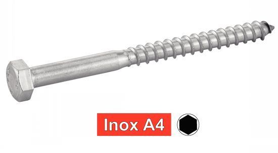 Vis bois Tirefond inox A4 8x100 mm tête hexagonale DIN 571 - 50 pces