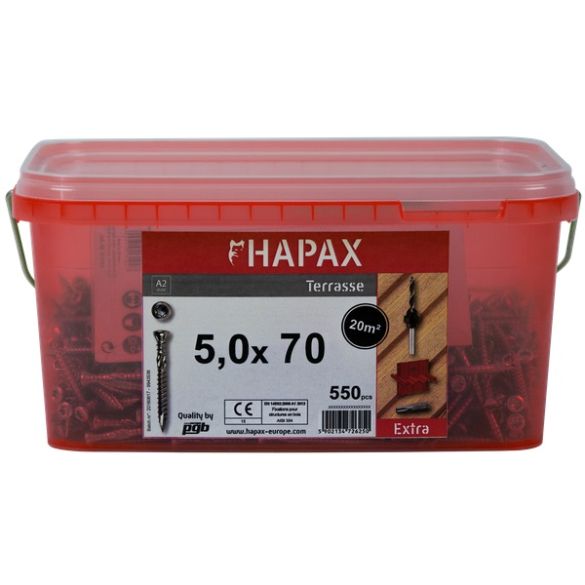 Kit fixation terrasse bois dur DECK-D 5x70 mm HAPAX - 550 vis inox A2