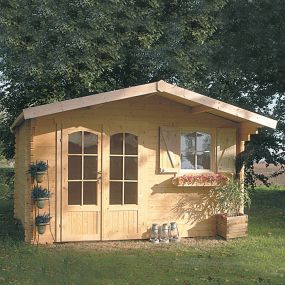 Abri de jardin bois S8982 MORZINE 40 mm avec double porte vitrée et toiture shingle rouge