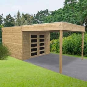Abri de jardin en bois traité avec pergola Matera 2988x2908 mm, toit plat moderne S8743-1 SOLID