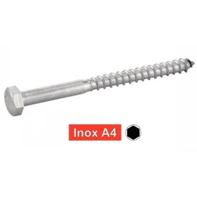 Vis bois Tirefond inox A4 10x80 mm tête hexagonale DIN 571 - 50 pces